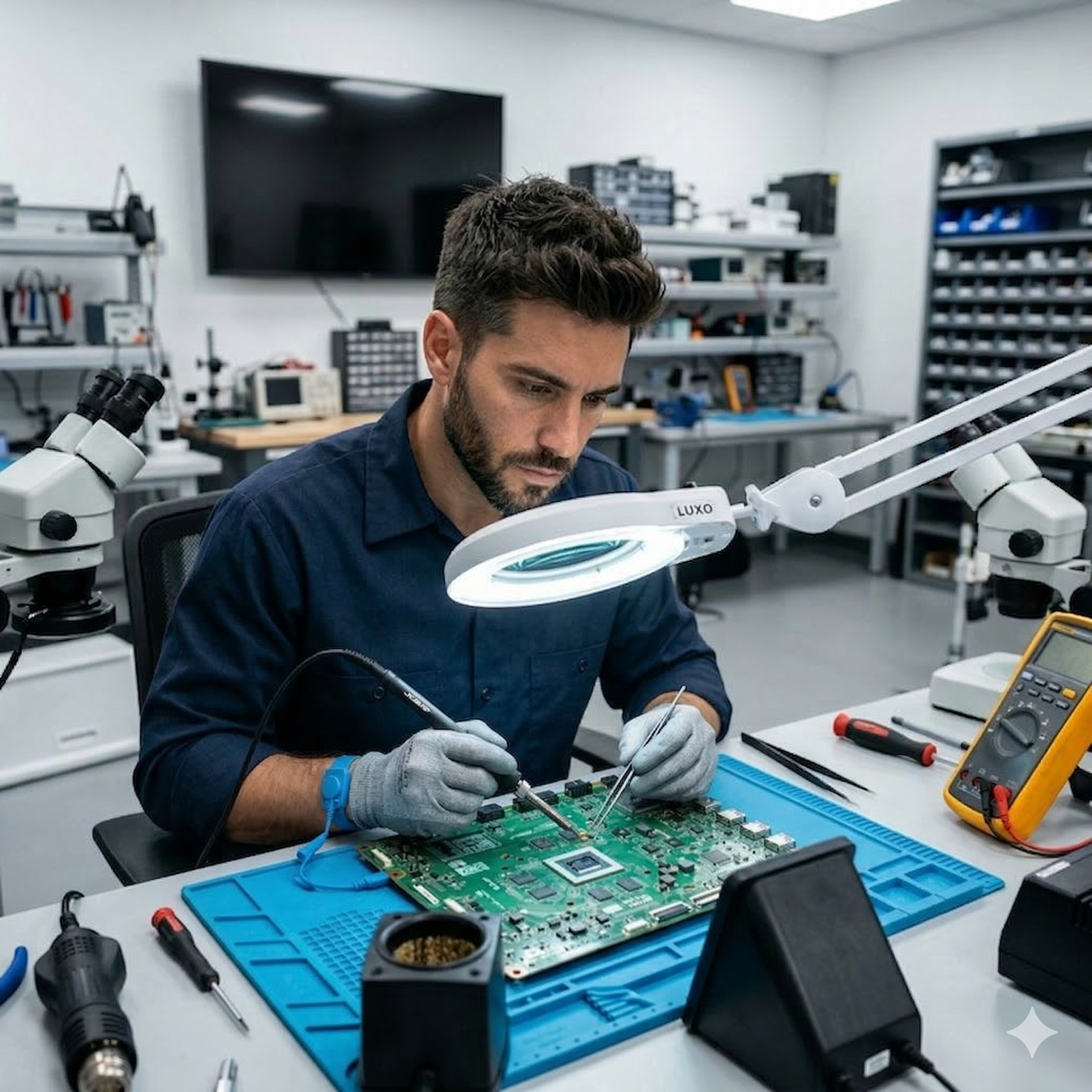 Técnico electrónico reparando tv led